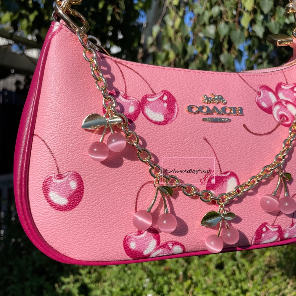 Pink Crystal Cherry Bag Charm Chain Novelty Purse Strap Baby Pink Cherries Charm - Picture 8 of 14